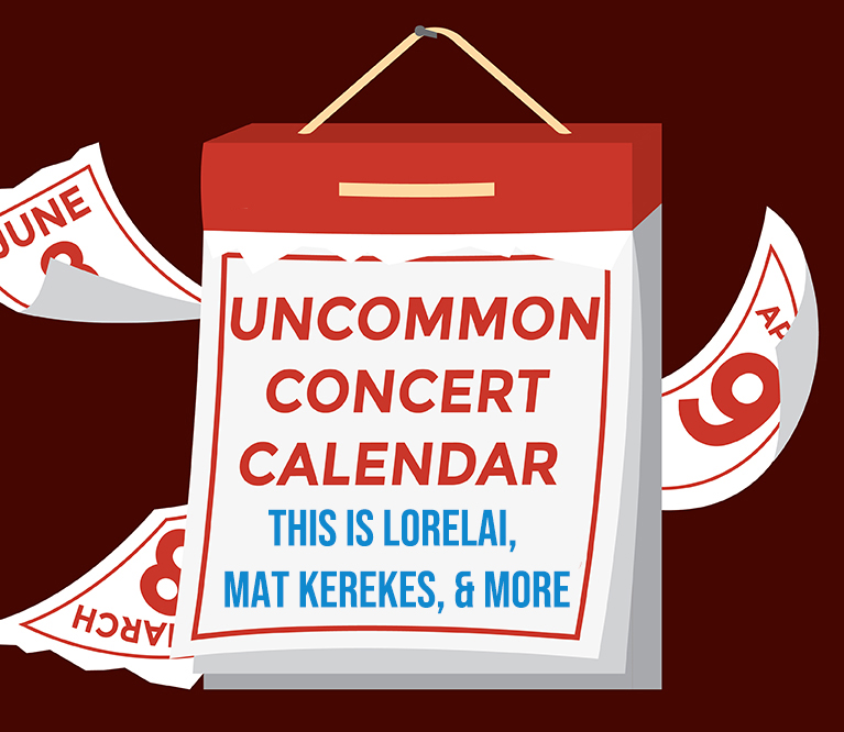 Graphic of a calendar with a red background with text that reads: "Uncommon Concert Calendar: January 10-16" in red, and "This Is Lorelai, Mat Karekes, and More" in blue.