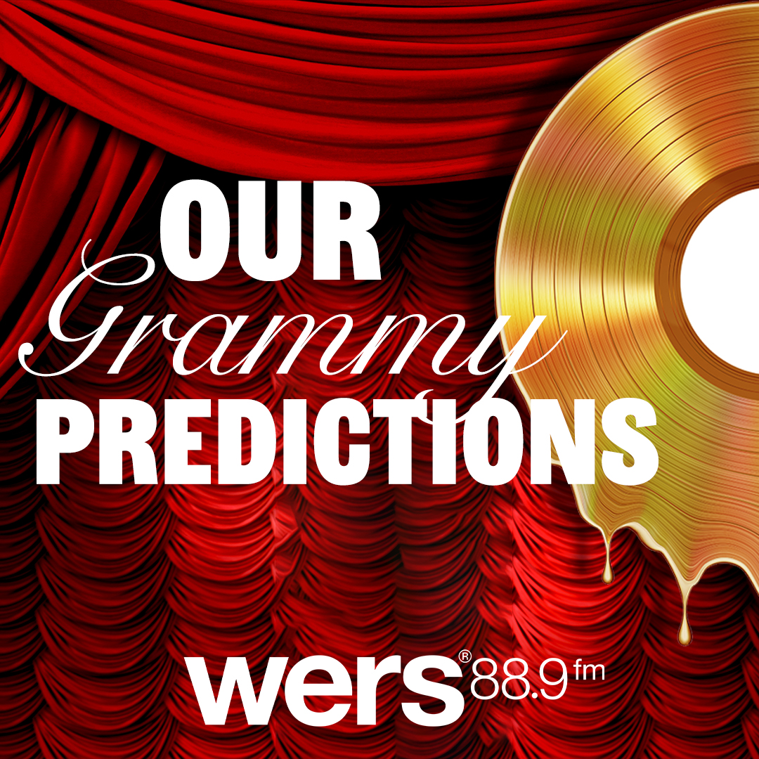 A red bannister background sits behind white text and a melting, gold record. The text reads "Our Grammy Predictions" and "WERS 88.9FM"