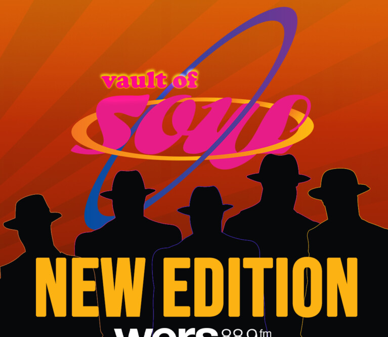 A orange background has five silhouettes with fedoras in front of it. Above them, an 80s style font with encircling twists reads 