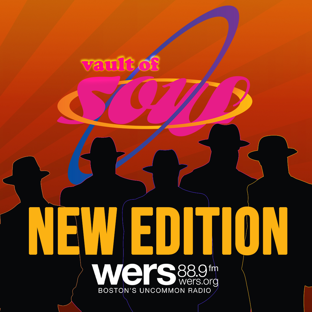 A orange background has five silhouettes with fedoras in front of it. Above them, an 80s style font with encircling twists reads "Vault of Soul."