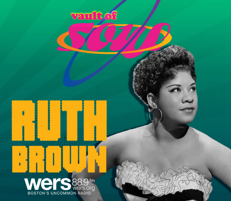 Ruth Brown against a green, 80s style background with text reading 