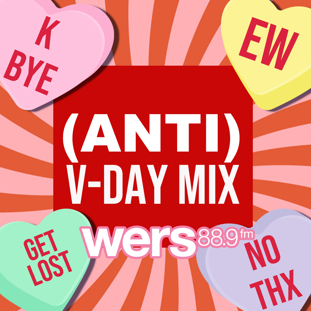 Red and light pink lines swirl behind candy hearts reading "K Bye," "Ew," "No thx," and "Get Lost." At the center of the graphic is a red square reading "(Anti) V-Day Mix."