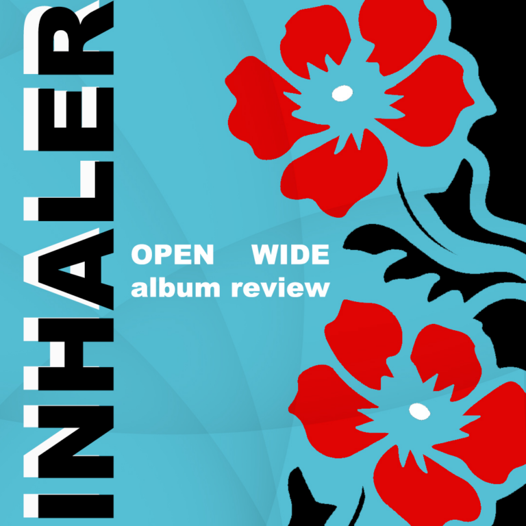 A blue background features the black and red outline of flowers on its right side. Text in black and white reads: "Inhaler" and "Open Wide ALbum Review"