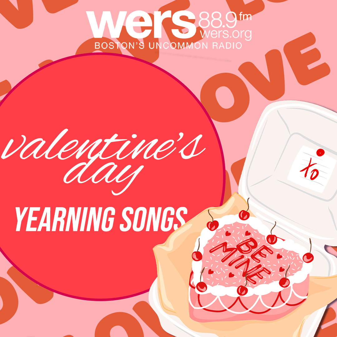 A pink background features decorative lettering spelling out the word "LOVE." A Red circle has cursive text reading "Valentine's day yearning songs" next to a cake that reads "Be Mine."