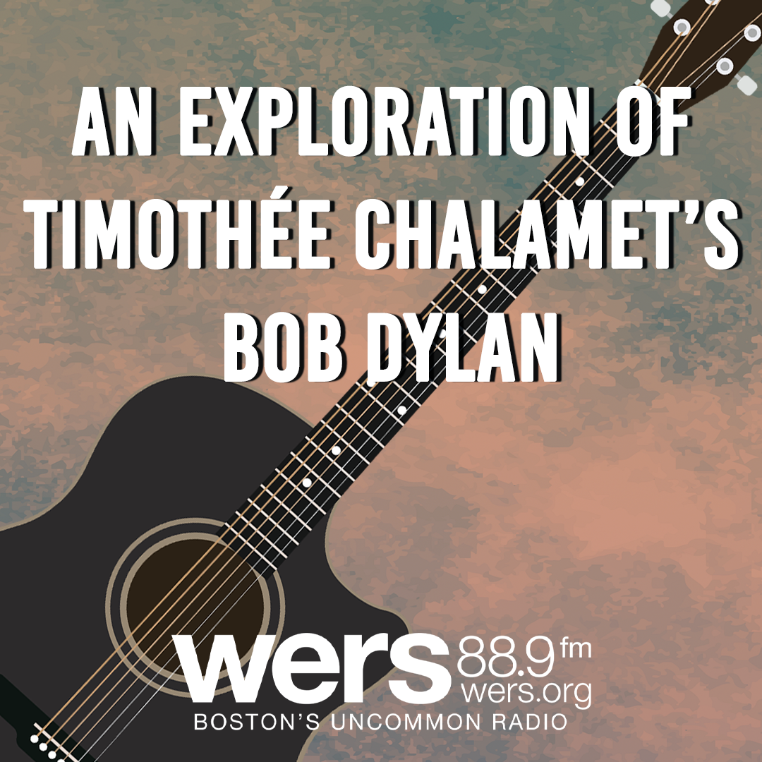 A black acoustic guitar lays diagonally across a clouded background. White lettering reads "An Exploration of Timothee Cjalamet''s Bob Dylan."