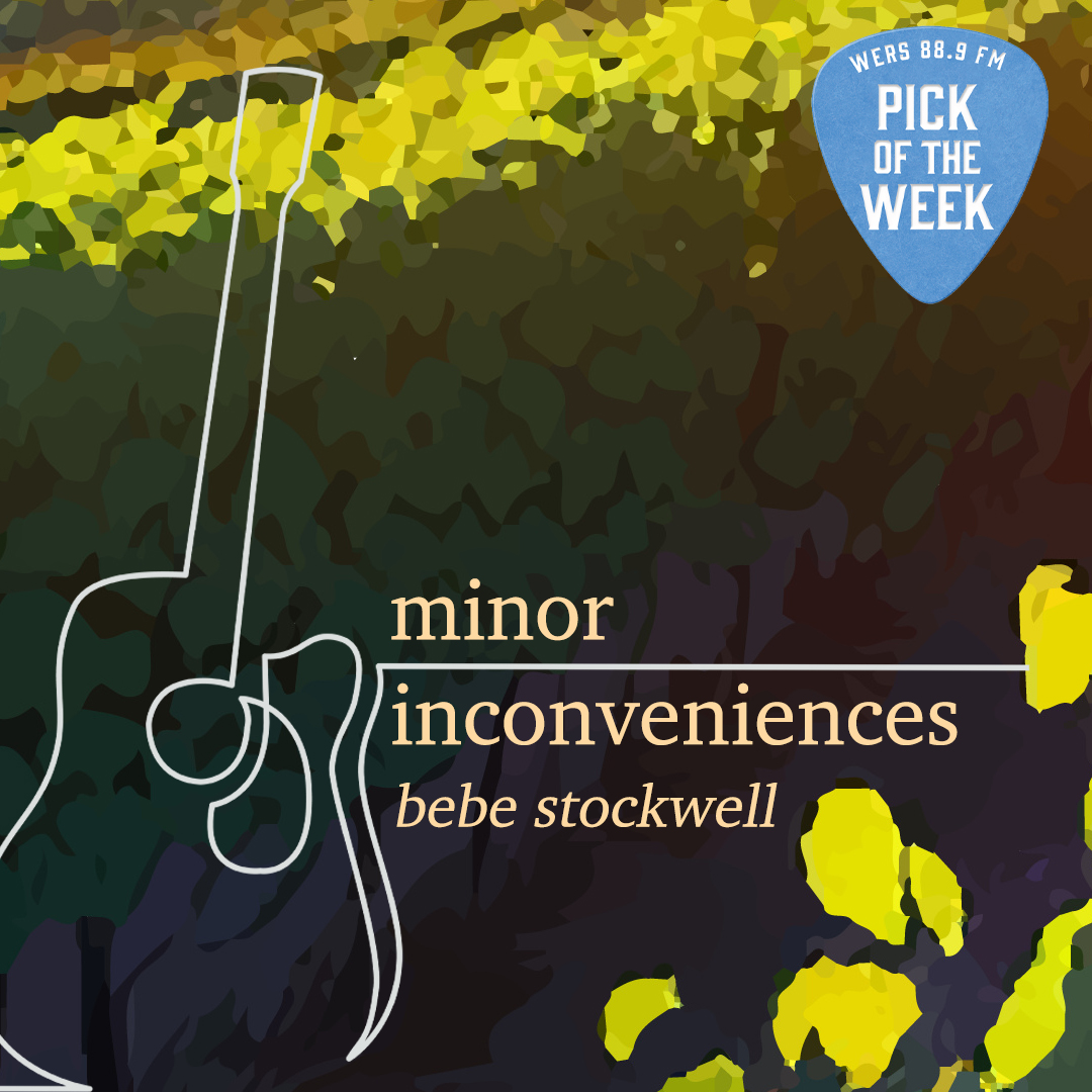 A layered green and leafy backdrop features the white outline of a guitar. Text reads "minor inconveniences" and bebe stockwell."