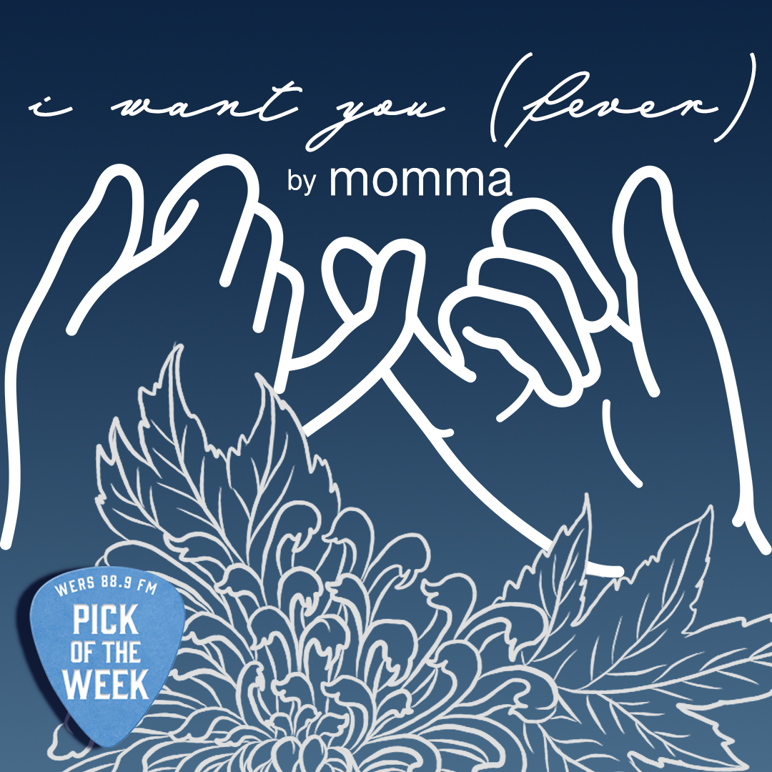 A blue background hosts the outline of two hands interlocking fingers behind a detailed bouquet. Text reads "I Want You (Fever)" and "by Momma."