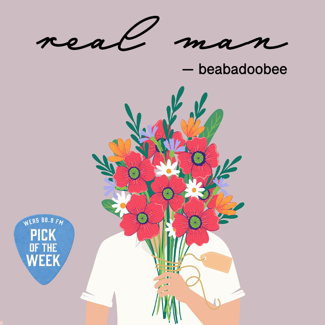 A periwinkle purple background has a graphic of a man in a white shirt with a large bouquet of flowers over his face. Text reads "real Man" and "beabadoobee"