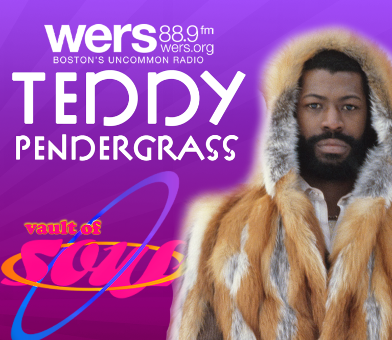 Teddy Pendergrass in a fur coat in fornt of a purple background. 80s style text reads 