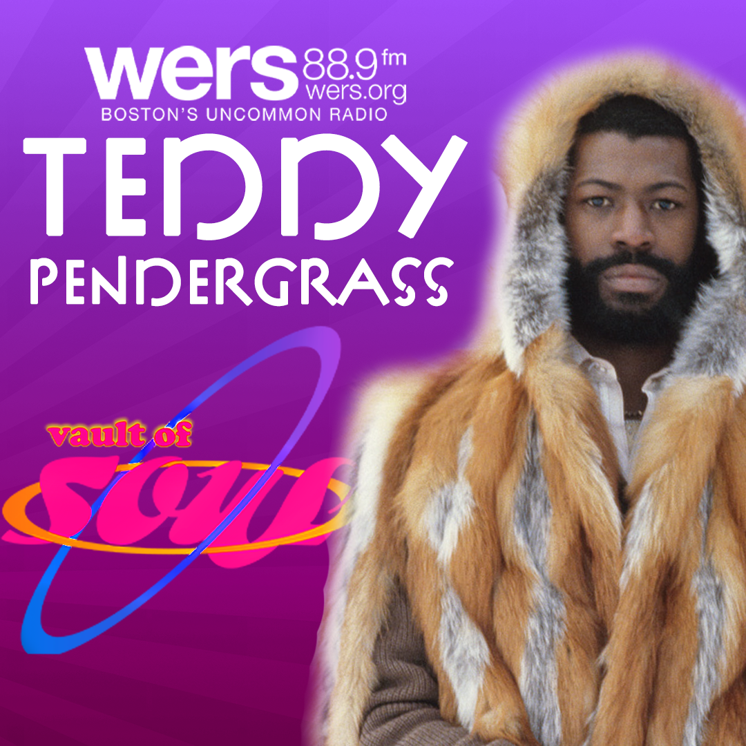 Teddy Pendergrass in a fur coat in fornt of a purple background. 80s style text reads "Teddy Pendergrass" and "Vault of Soul"