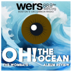 Waves crash behind a floating brown eyeball, reflecting the cover of the Wombats album "Oh! The Ocean." White txt reads "The Wombats," Album Review" and "Oh! The Ocean."