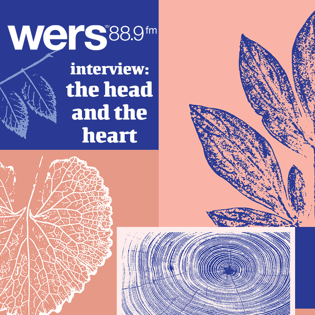 Leaf outlines surround blue and pink background. White text reads: "interview: the head and the heart."