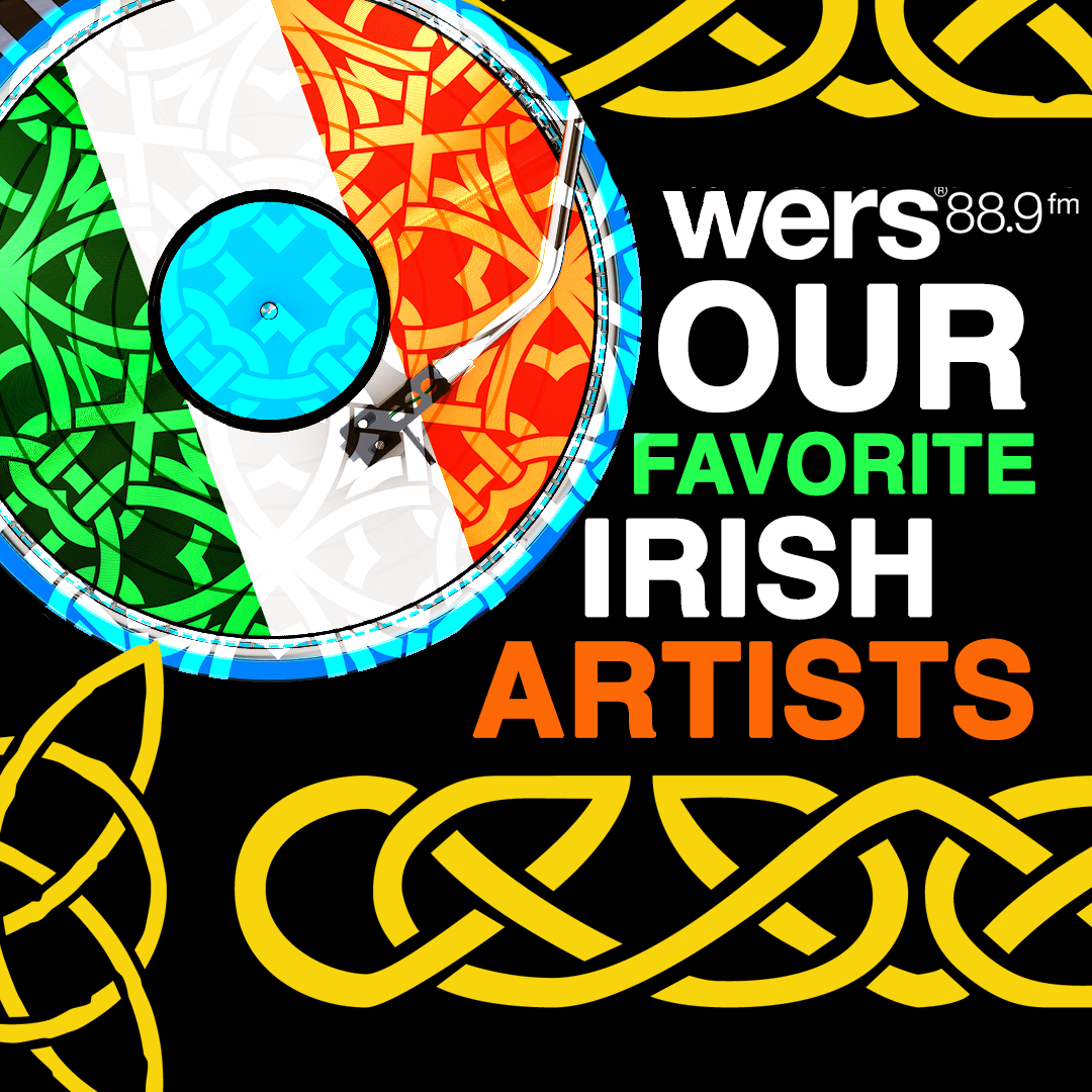 A vinyl with the Irish flag in the top right corner spins. Celtic symbols wrap arpund text reading "Our Favorite Irish Artists."