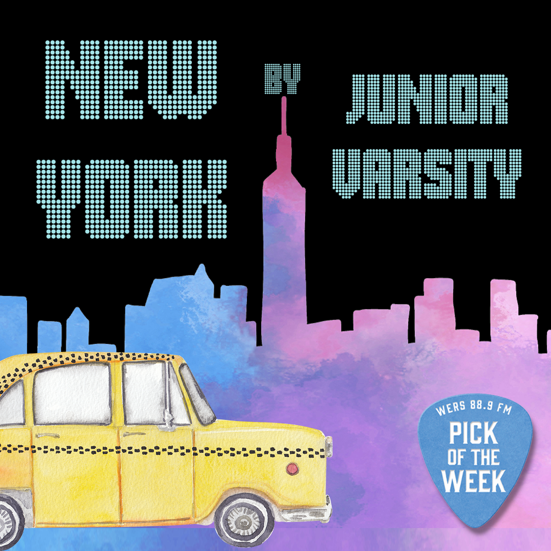 In front of a blue and pink skyline of New York, a yellow cab drives by. Above the skyline, text reads "New York" and "by Junior Varsity."