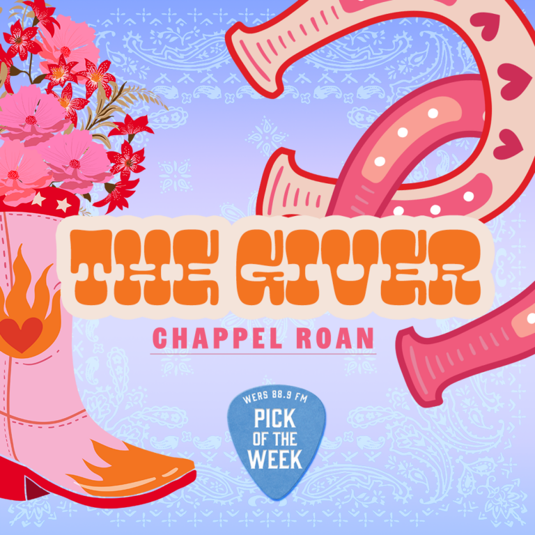 Pink boots and horseshoes surround a blue gradient backdrop. Stylized country text in the center reads "The Giver" and "Chappell Roan."