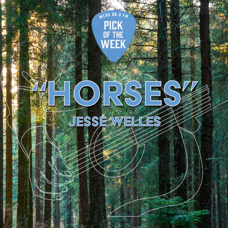 A forest is covered by the white, sketched outline of someone playing guitar. Text reads "horses" and "jesse welles."
