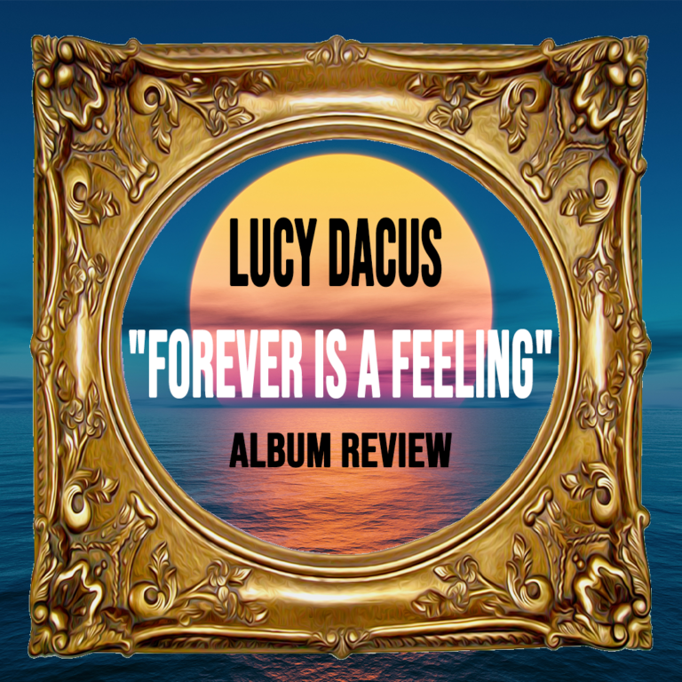 A golden frame surrounds an ocean at sunset. White text inside reads, "Lucy Dacus 'Forever is a Feeling' Album Review."