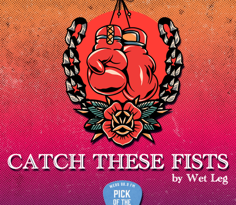 Boxing gloves behind an american traditional style flower design. Text reading 