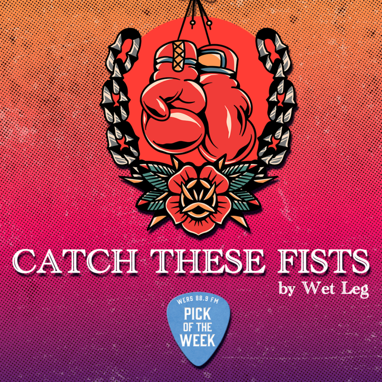 Boxing gloves behind an american traditional style flower design. Text reading "catch these fists by wet leg."