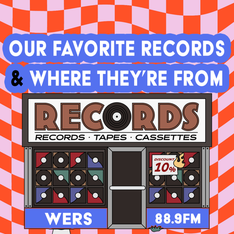 A red and pink checkered background displays a record store with bubbly blue and white text around it. Text reads, " Our favorite records & where they're from."