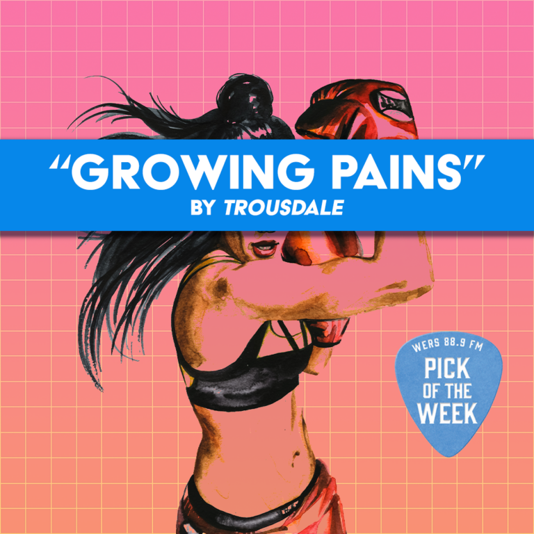 In front of a gridded pink and orange background, a woman boxer swings towards the words "Growing Pains" and "by Trousdale"