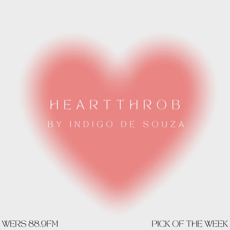 A soft, pink heart fades against a white background. Text reads "Heartthrob by indigo de souza" and "wers 88.9fm" and "pick of the week."