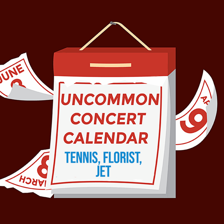 A red calendar with red and blue text reading "Uncommon Concert Calendar" and "Tennis, Florist, Jet."