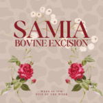 Two red flowers and one white poppy lay across a cowprint background. Velvet text reads "Samia," "Bovine Excision," and WERS 88.9 pick of the week."