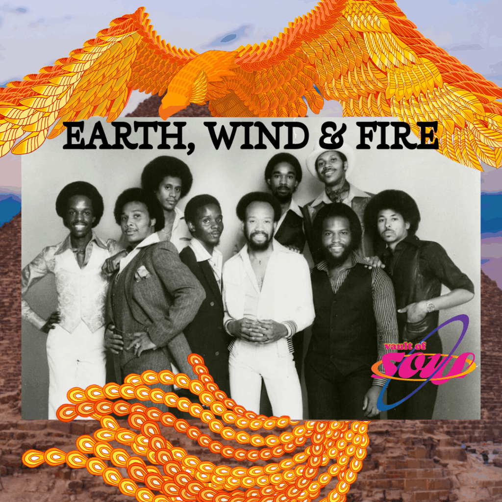 Photo of Earth, Wind & Fire with a golden bird that stretches from the top to the bottom