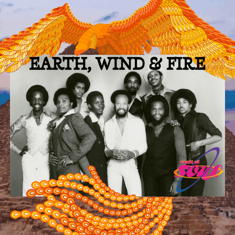 Photo of Earth, Wind & Fire with a golden bird that stretches from the top to the bottom