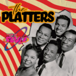 Five early members of The Platters in black and white beside a striped, retro design featuring text reading "The Platters" and "Vault of Soul."