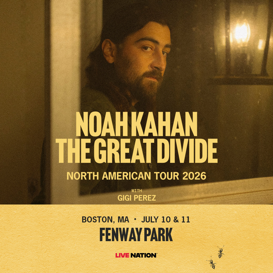 Concert poster for Noah Kahan "The Great Divide" tour at Fenway Park July 10 and 11. Gold colored photo of Noah Kahan's face.