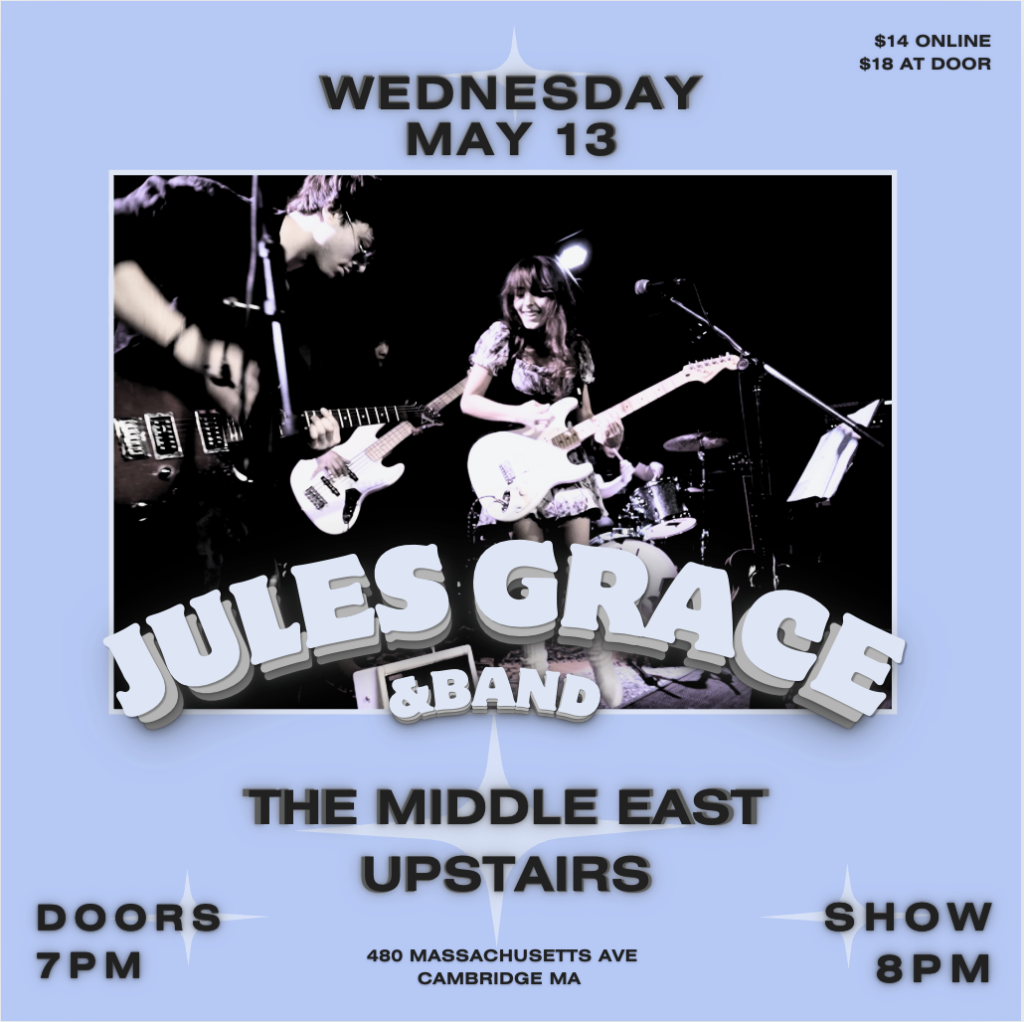 Purple concert poster with black text for Jules Grace. Photo of Jules onstage with a guitar.
