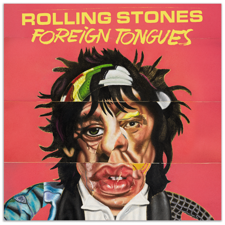 Artwork for Rolling Stones Foreign Tongues album, an illustrated face with different faces blended together as one with a pink background.