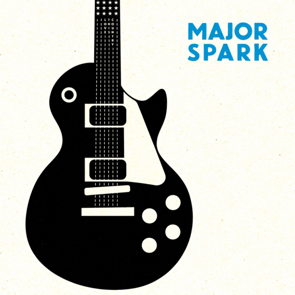 Drawing of a black Les Paul guitar with "Major Spark" next to it at the top left