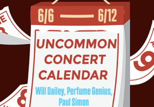 A hanging red calendar has red and blue text reading "Uncommon Concert calendar" and "Will Dailey, Perfume Genius, Paul Simon"