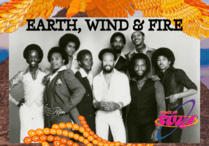Photo of Earth, Wind & Fire with a golden bird that stretches from the top to the bottom