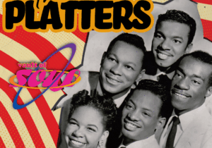 Five early members of The Platters in black and white beside a striped, retro design featuring text reading "The Platters" and "Vault of Soul."